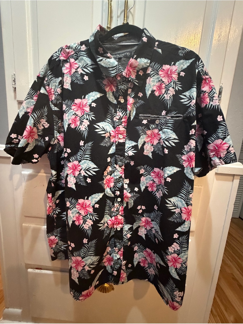 Men’s Hawaiian Shirt Black, Pink Floral Design Free Planet 3x Pre Owned